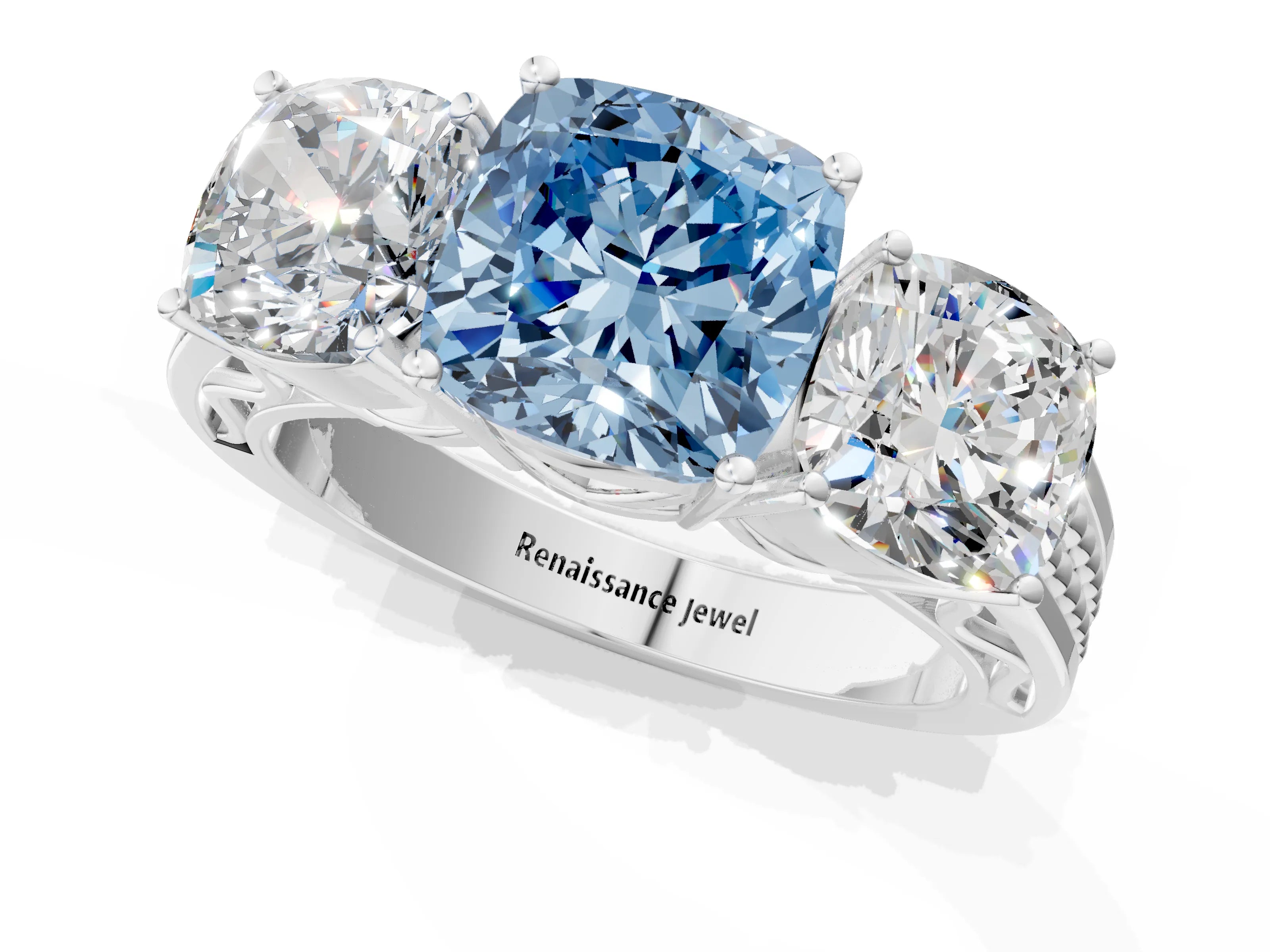 White gold Fancy Blue Cushion Cut Diamond Three-Stone Ring with Prong Setting and Textured Band_1