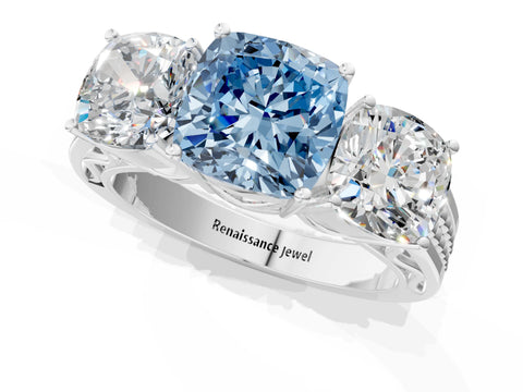 White gold Fancy Blue Cushion Cut Diamond Three-Stone Ring with Prong Setting and Textured Band_1