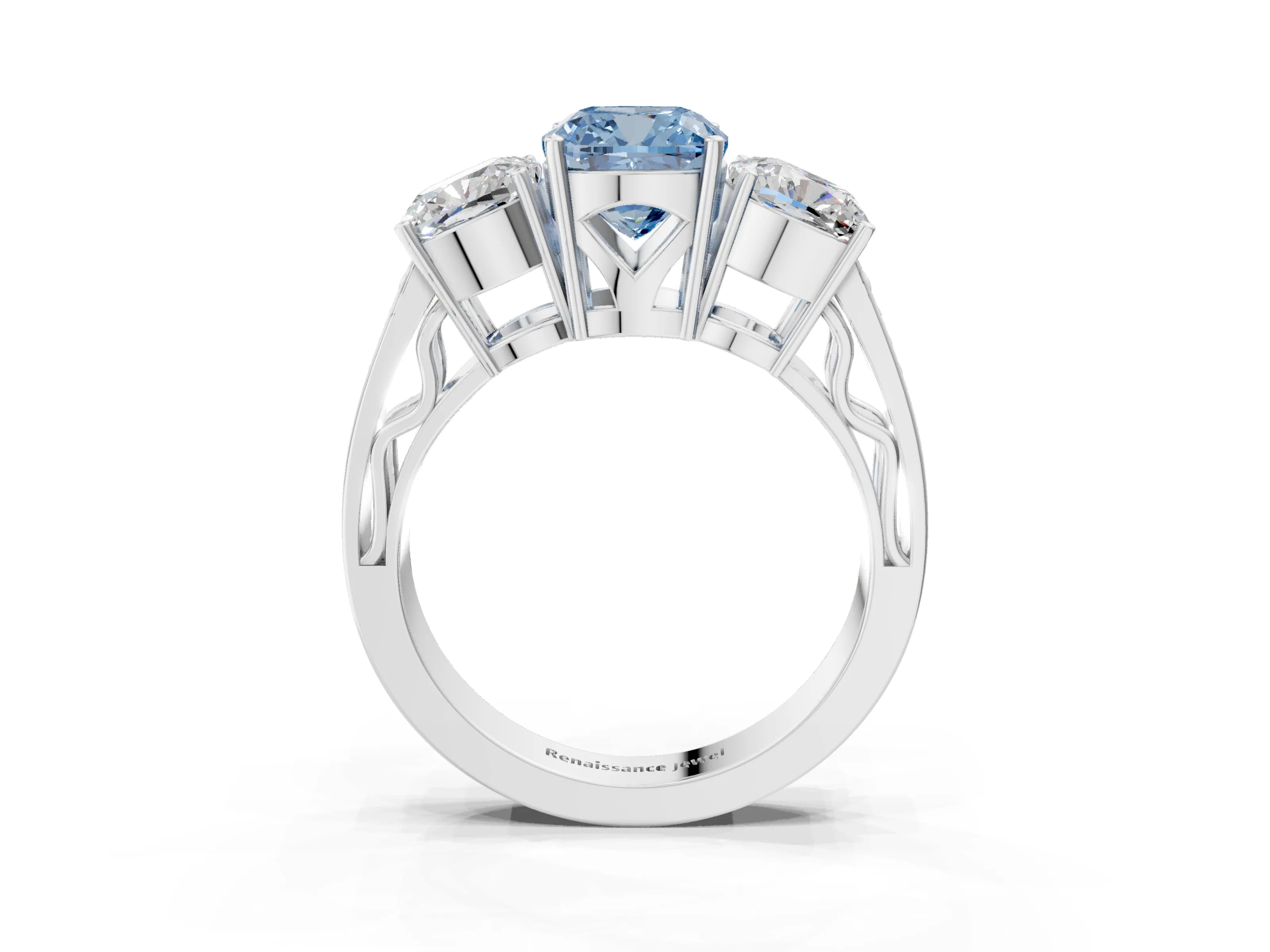 White gold Fancy Blue Cushion Cut Diamond Three-Stone Ring with Prong Setting and Textured Band_3