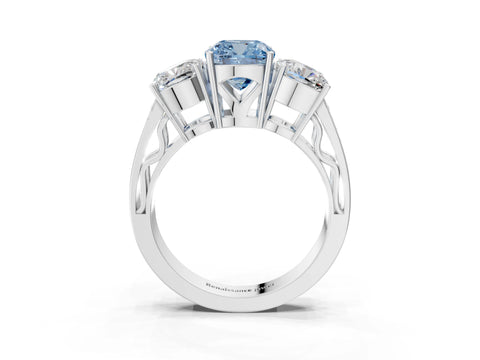 White gold Fancy Blue Cushion Cut Diamond Three-Stone Ring with Prong Setting and Textured Band_3