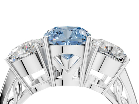 White gold Fancy Blue Cushion Cut Diamond Three-Stone Ring with Prong Setting and Textured Band_4