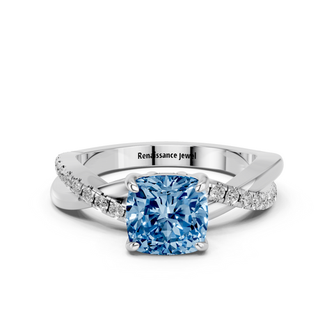 White gold Fancy Blue Cushion  Cut Diamond Twist Band Solitaire with Prong Setting_11