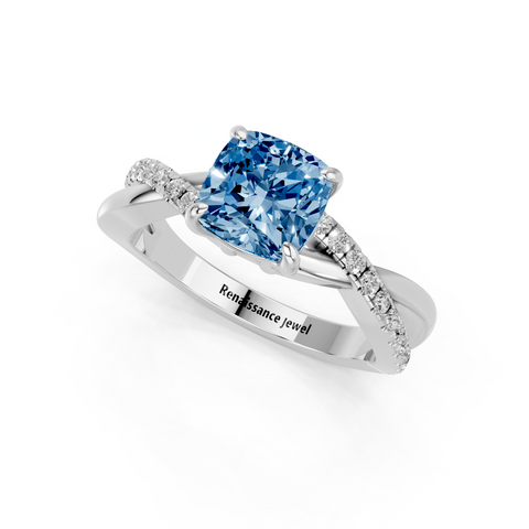 White gold Fancy Blue Cushion  Cut Diamond Twist Band Solitaire with Prong Setting_3