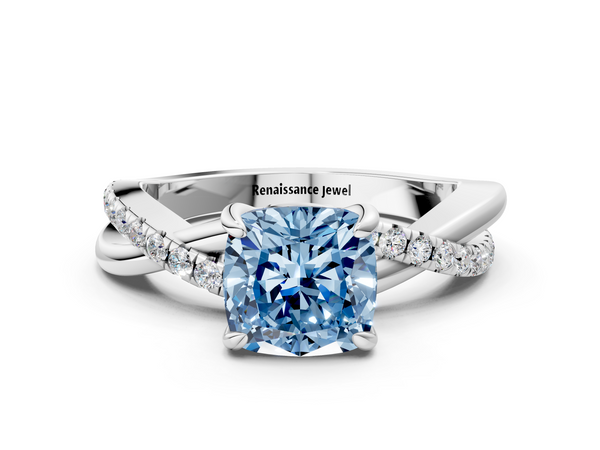 Platinum Fancy Blue Cushion  Cut Diamond Twist Band Solitaire with Prong Setting