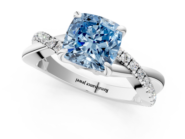 Platinum Fancy Blue Cushion  Cut Diamond Twist Band Solitaire with Prong Setting