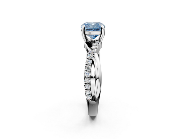 Platinum Fancy Blue Cushion  Cut Diamond Twist Band Solitaire with Prong Setting