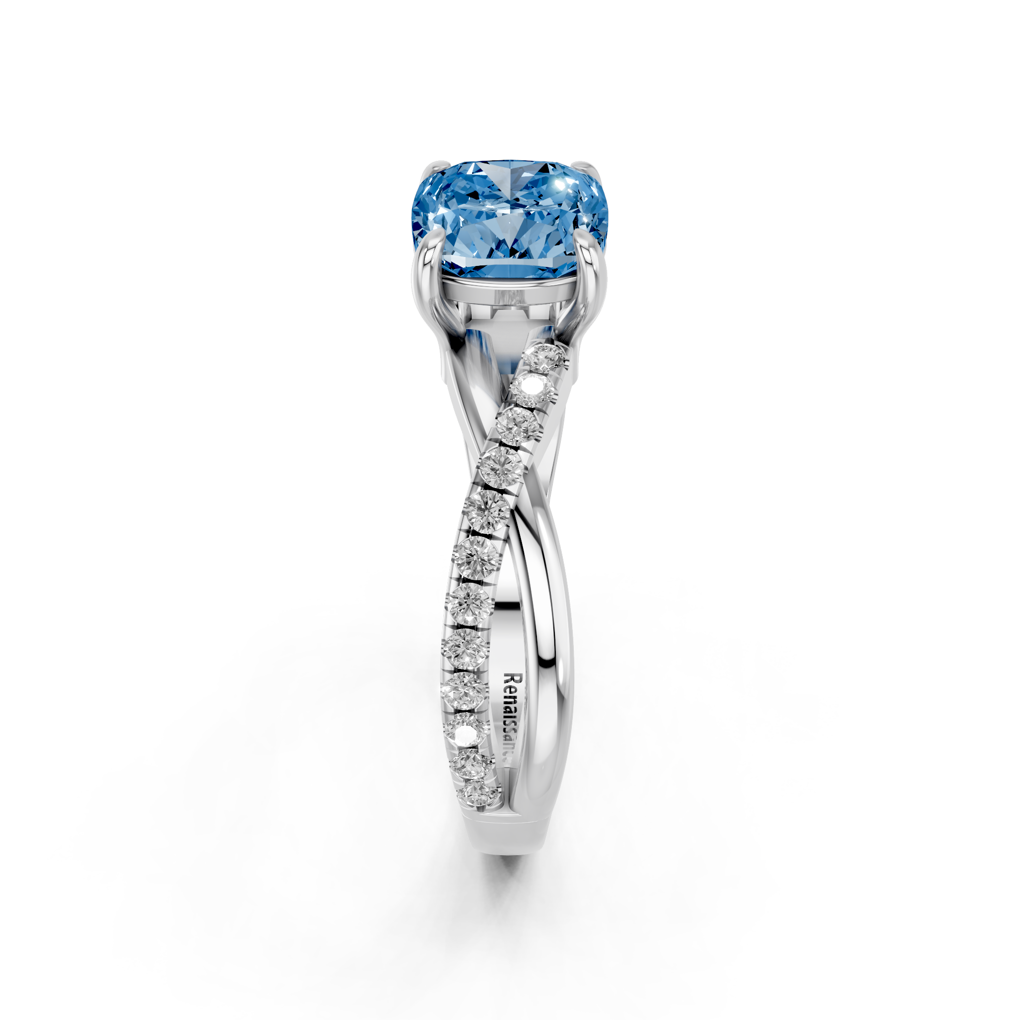 White gold Fancy Blue Cushion  Cut Diamond Twist Band Solitaire with Prong Setting_4
