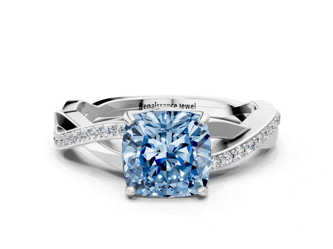 White gold Fancy Blue Cushion  Cut Diamond Twisted Band Engagement Ring with Prong Setting_3