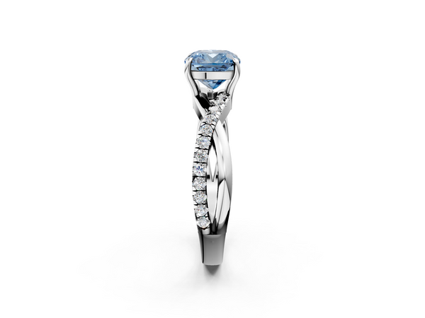 Platinum Fancy Blue Cushion  Cut Diamond Twisted Band with Pavé Setting and Four-Prong Setting