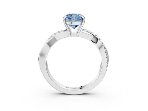 Platinum Fancy Blue Cushion  Cut Diamond Twisted Band with Pavé Setting and Four-Prong Setting