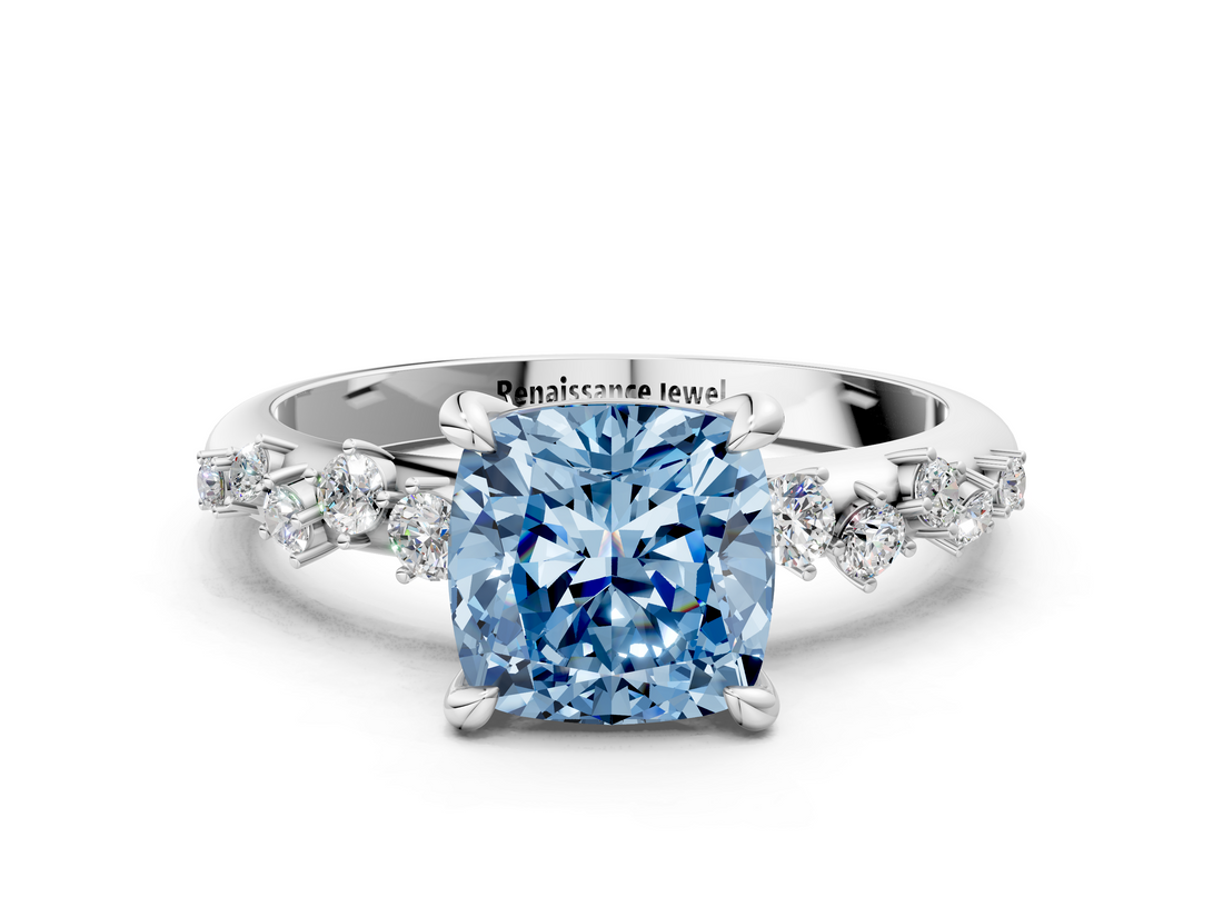 White gold Fancy Blue Cushion  Cut Diamond Vine Band with Four-Prong Setting_115