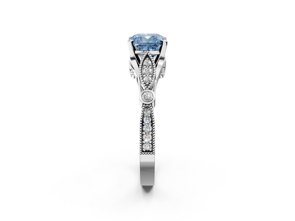 Platinum Fancy Blue Cushion  Cut Diamond with Milgrain Marquise and Bezel Accents on a Solitaire Band with Prong Setting