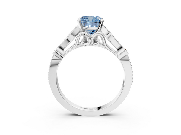 Platinum Fancy Blue Cushion  Cut Diamond with Milgrain Marquise and Bezel Accents on a Solitaire Band with Prong Setting