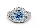 White gold Fancy Blue Cushion  Cut Double Halo Diamond Engagement Ring with Pave Band and Four-Prong Setting_72