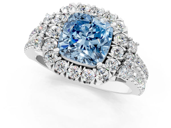 White gold Fancy Blue Cushion  Cut Double Halo Diamond Engagement Ring with Pave Band and Four-Prong Setting