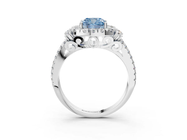 White gold Fancy Blue Cushion  Cut Double Halo Diamond Engagement Ring with Pave Band and Four-Prong Setting