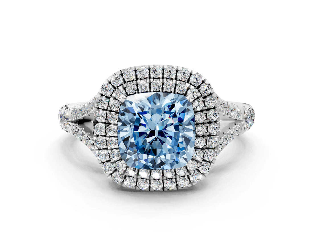 White gold Fancy Blue Cushion  Cut Double Halo Split Shank Diamond Ring with Prong Setting_49