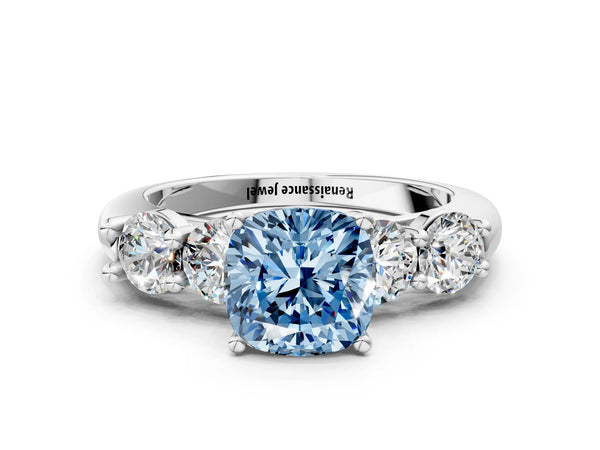 White gold Fancy Blue Cushion  Cut Five-Stone Prong Set Diamond Ring with Classic Band