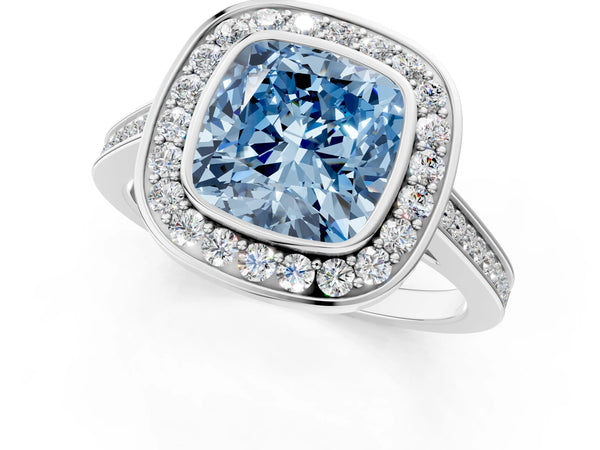 White gold Fancy Blue Cushion Cut Halo Bezel Diamond Pave Band Ring