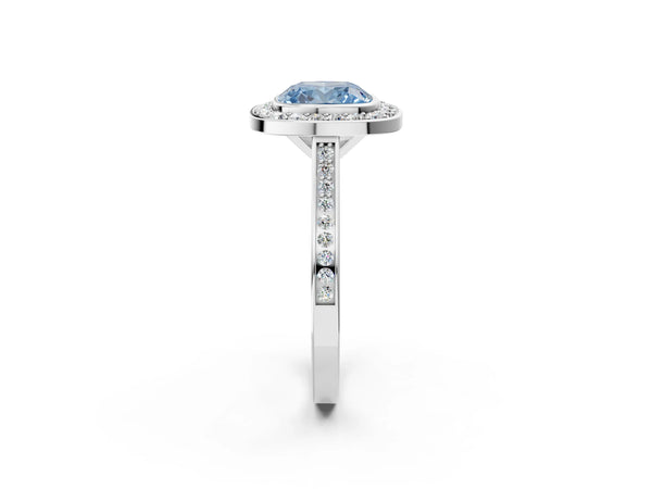 White gold Fancy Blue Cushion Cut Halo Bezel Diamond Pave Band Ring