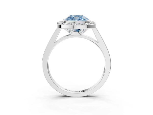 White gold Fancy Blue Cushion Cut Halo Bezel Diamond Pave Band Ring