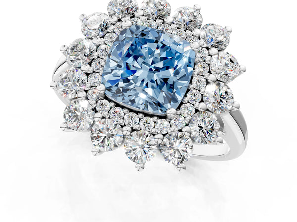 Platinum Fancy Blue Cushion Cut Halo Cluster Diamond Ring with Pave Band and Four-Prong Setting