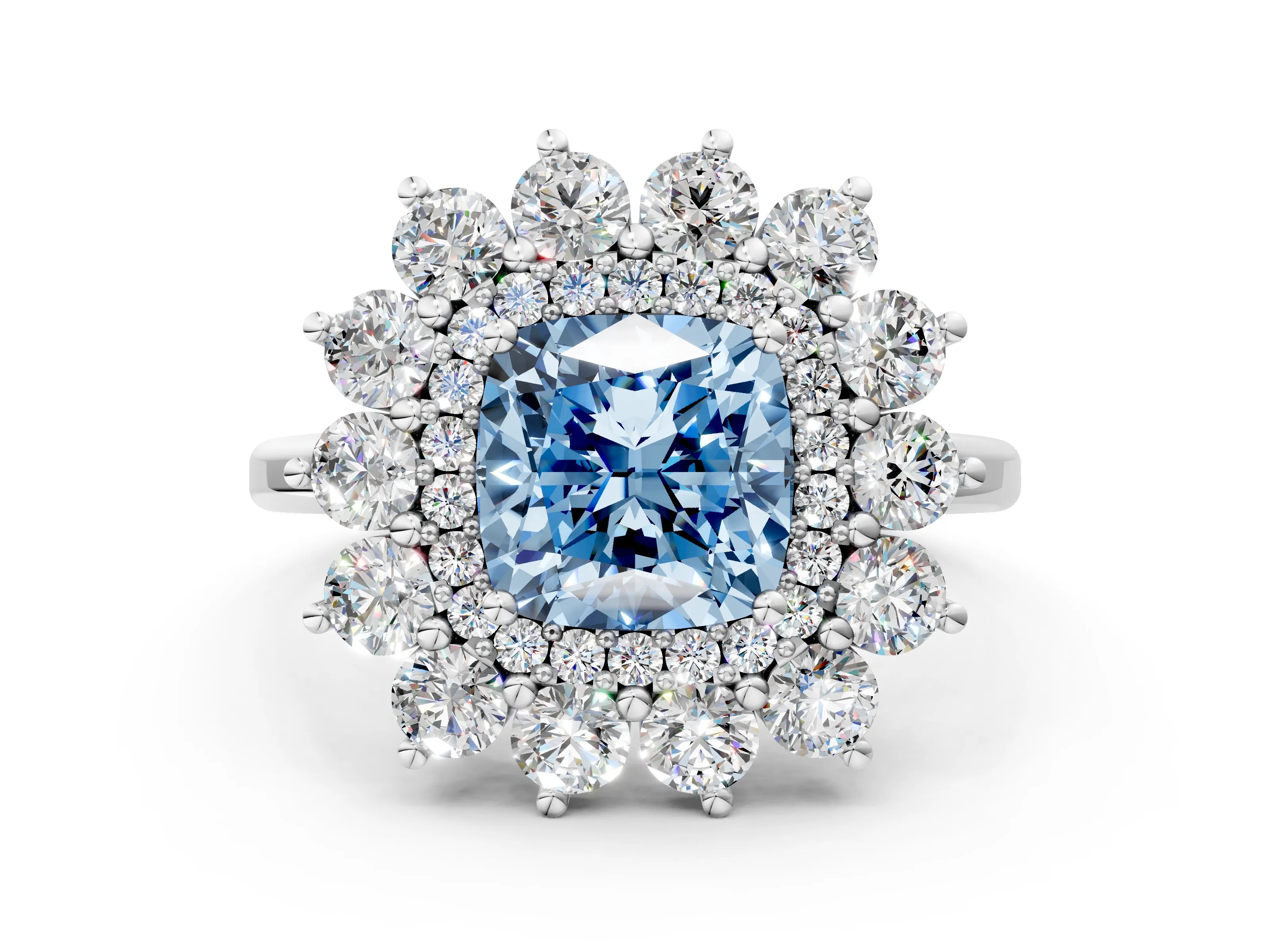 White gold Fancy Blue Cushion Cut Halo Cluster Diamond Ring with Pave Band and Four-Prong Setting_12