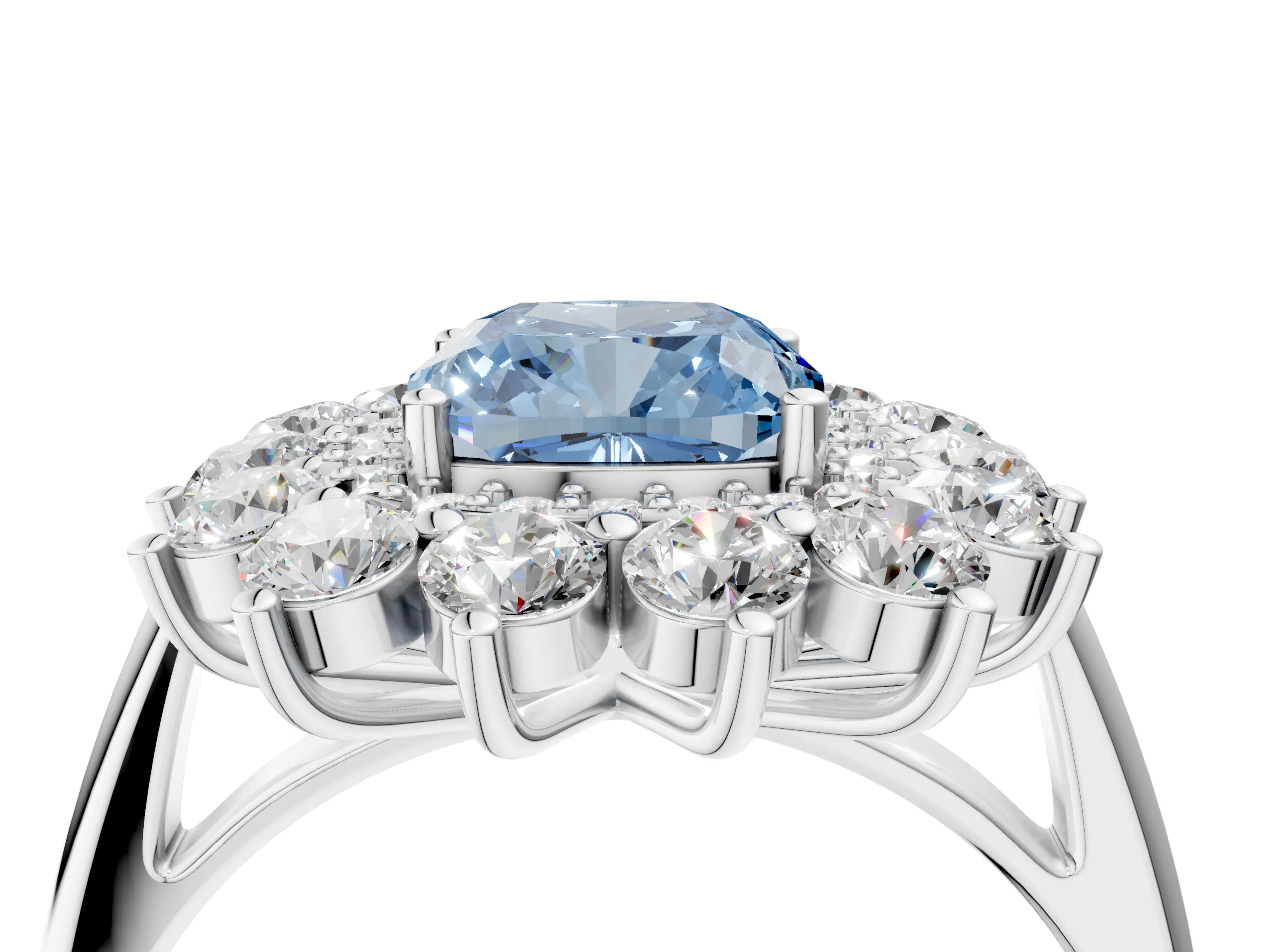 White gold Fancy Blue Cushion Cut Halo Cluster Diamond Ring with Pave Band and Four-Prong Setting_16