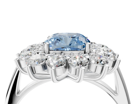 White gold Fancy Blue Cushion Cut Halo Cluster Diamond Ring with Pave Band and Four-Prong Setting_16