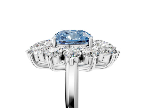 White gold Fancy Blue Cushion Cut Halo Cluster Diamond Ring with Pave Band and Four-Prong Setting_17