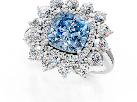 White gold Fancy Blue Cushion Cut Halo Cluster Diamond Ring with Pave Band and Four-Prong Setting_1