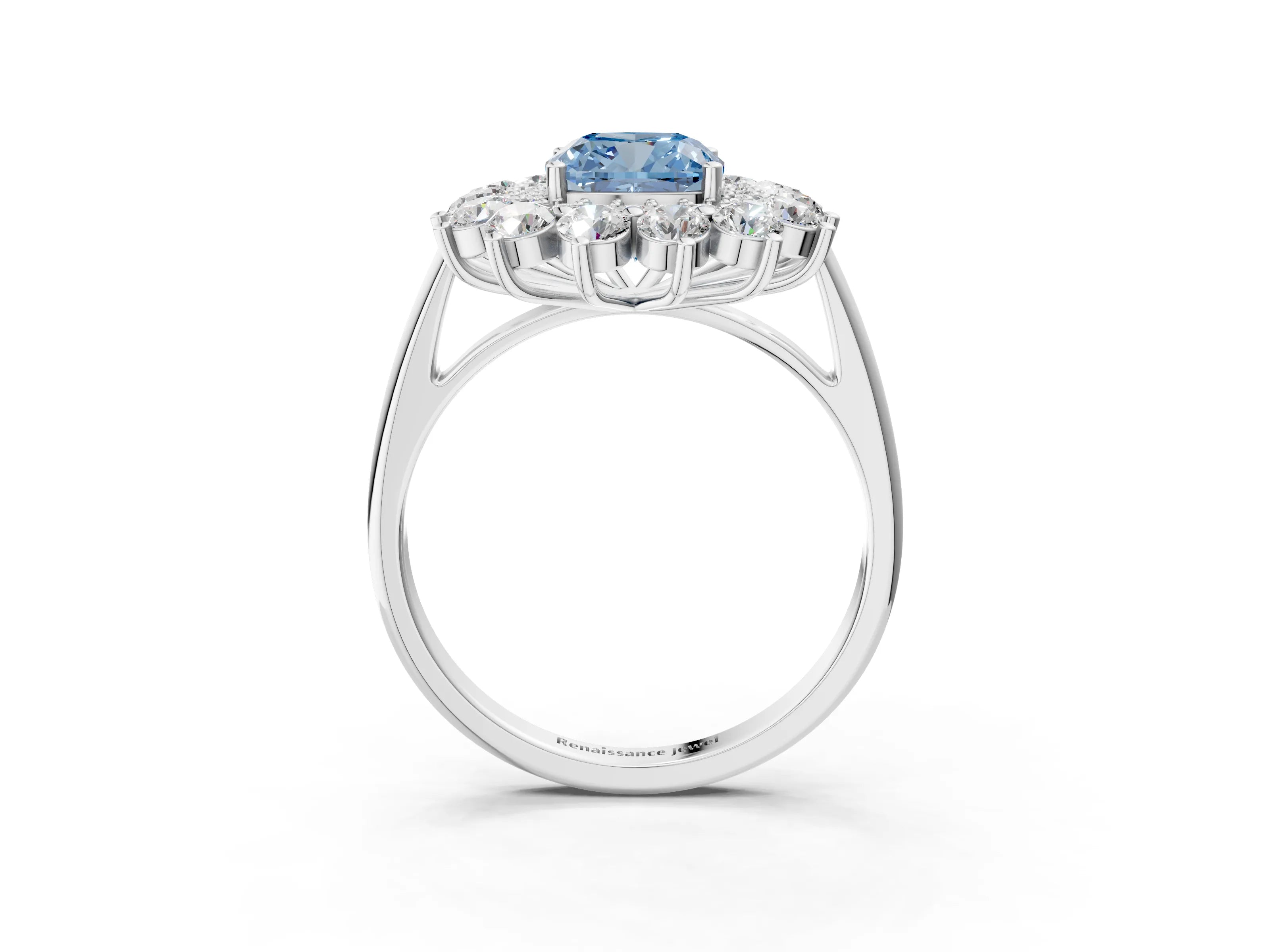 White gold Fancy Blue Cushion Cut Halo Cluster Diamond Ring with Pave Band and Four-Prong Setting_3