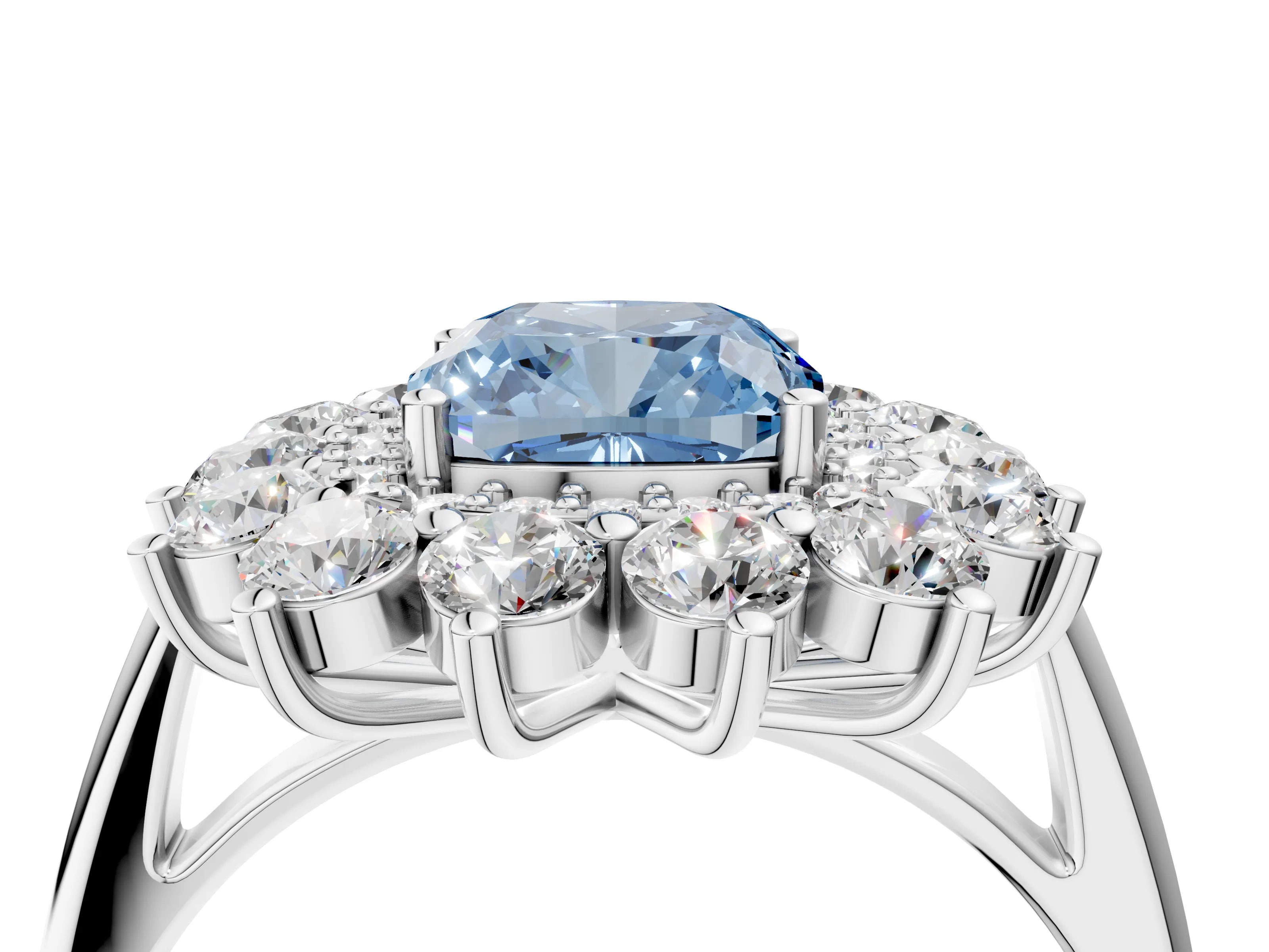 White gold Fancy Blue Cushion Cut Halo Cluster Diamond Ring with Pave Band and Four-Prong Setting_4