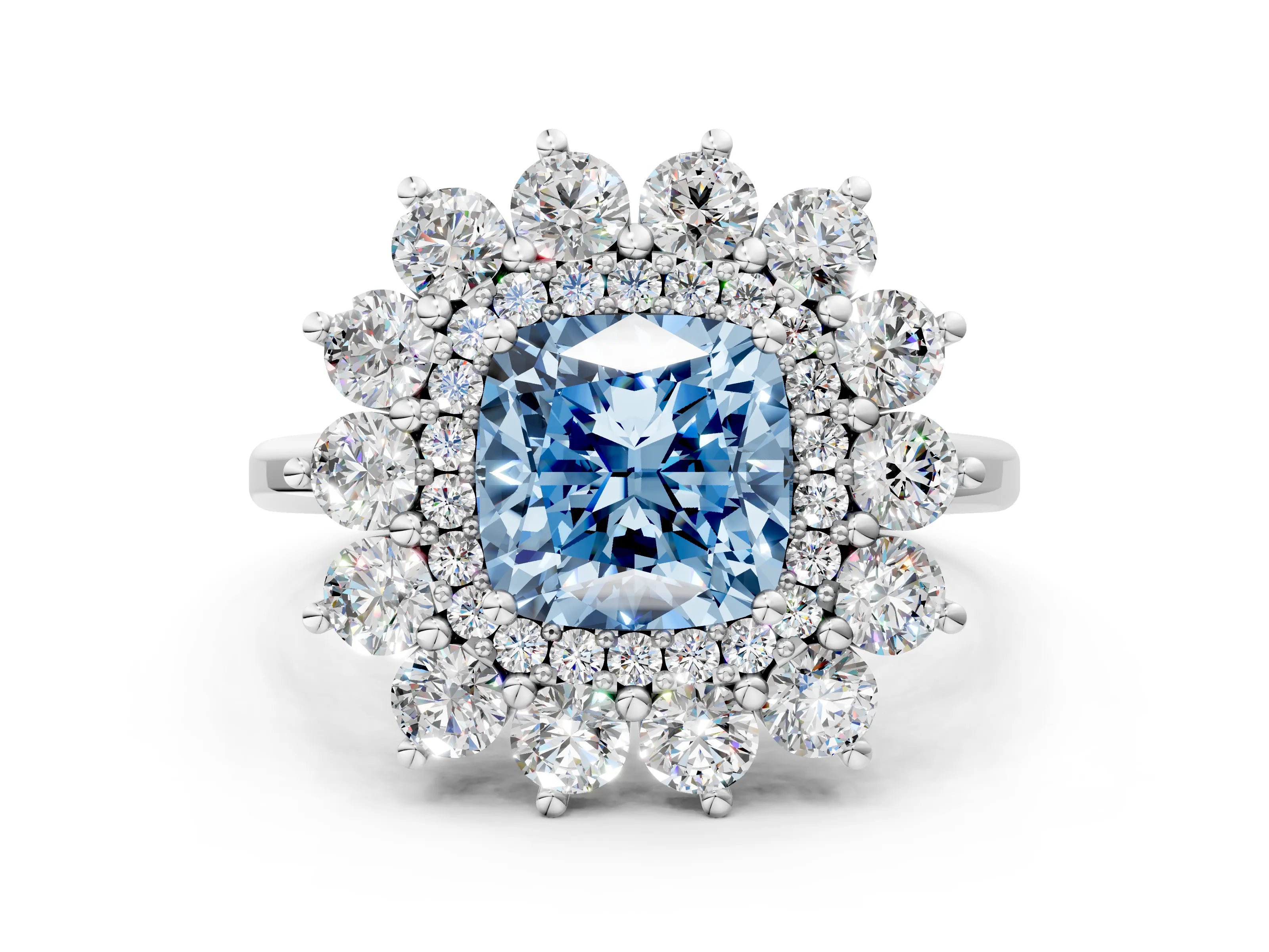 White gold Fancy Blue Cushion Cut Halo Cluster Diamond Ring with Pave Band and Four-Prong Setting