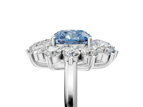 White gold Fancy Blue Cushion Cut Halo Cluster Diamond Ring with Pave Band and Four-Prong Setting_5