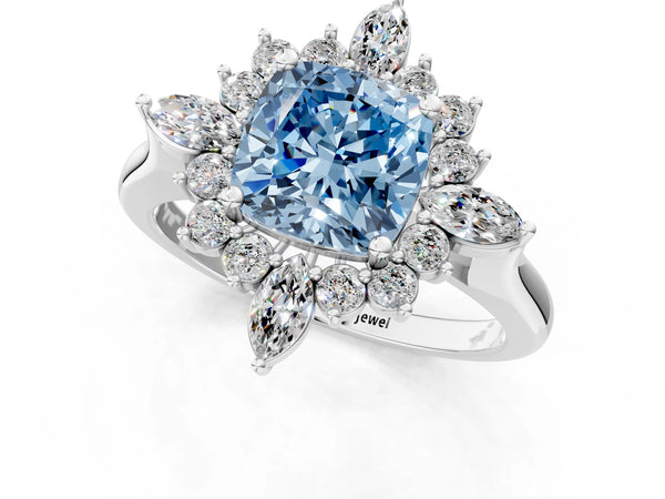 White gold Fancy Blue Cushion Cut Halo Diamond Cluster Ring with Marquise and Round Stones on a White Gold Band with Prong Setting
