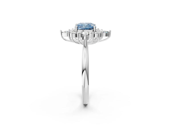 White gold Fancy Blue Cushion Cut Halo Diamond Cluster Ring with Marquise and Round Stones on a White Gold Band with Prong Setting