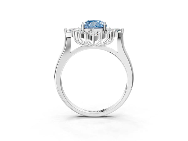White gold Fancy Blue Cushion Cut Halo Diamond Cluster Ring with Marquise and Round Stones on a White Gold Band with Prong Setting