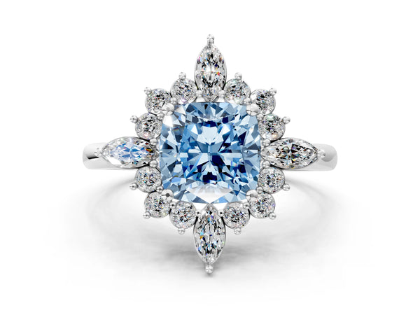 White gold Fancy Blue Cushion Cut Halo Diamond Cluster Ring with Marquise and Round Stones on a White Gold Band with Prong Setting