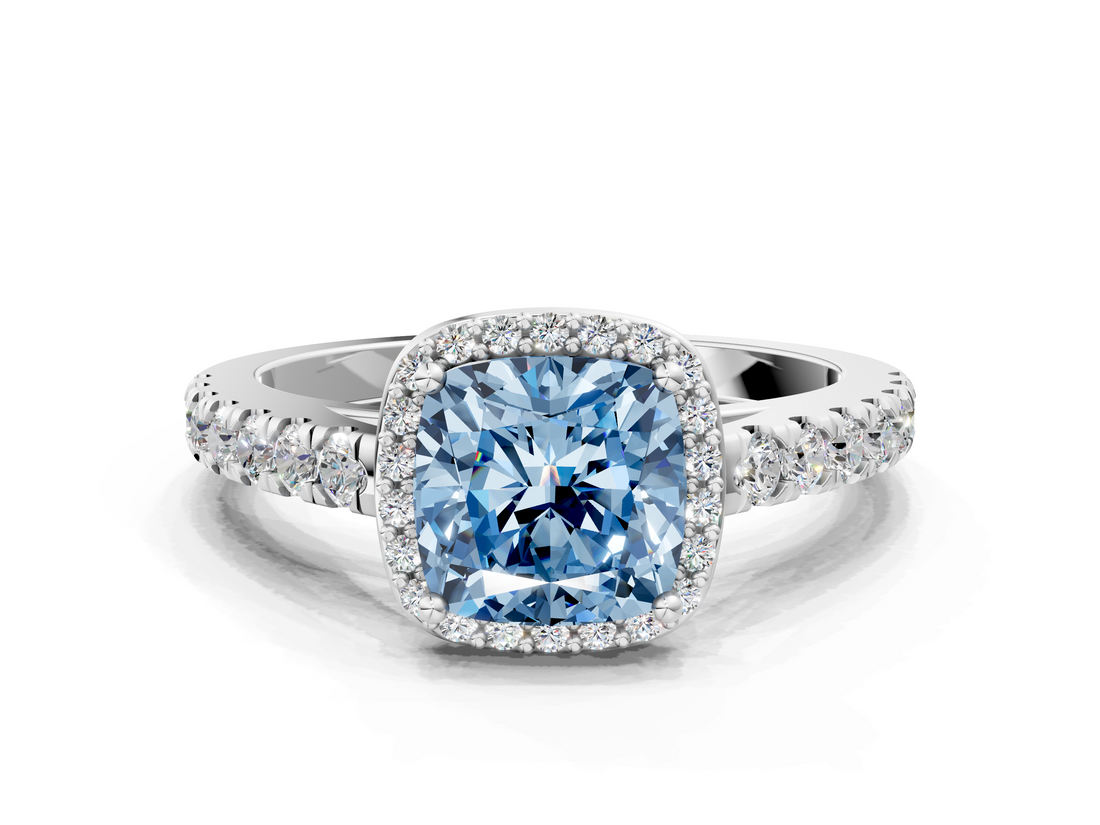 White gold Fancy Blue Cushion  Cut Halo Diamond Engagement Ring with Pave Band and Four-Prong Setting_28