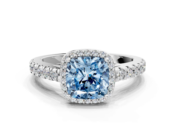 White gold Fancy Blue Cushion  Cut Halo Diamond Engagement Ring with Pave Band and Four-Prong Setting