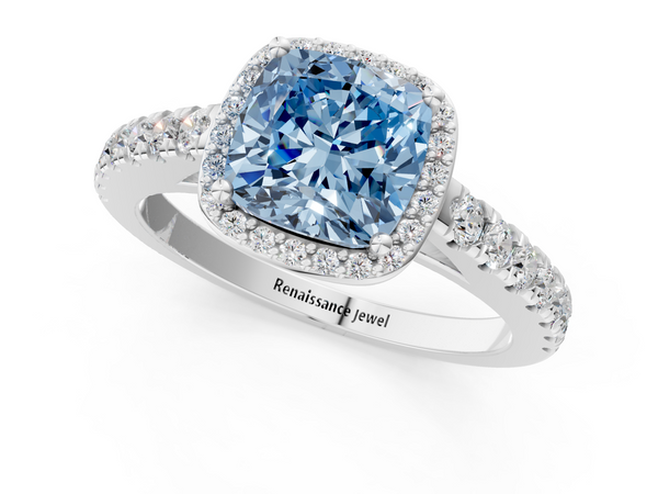 White gold Fancy Blue Cushion  Cut Halo Diamond Engagement Ring with Pave Band and Four-Prong Setting