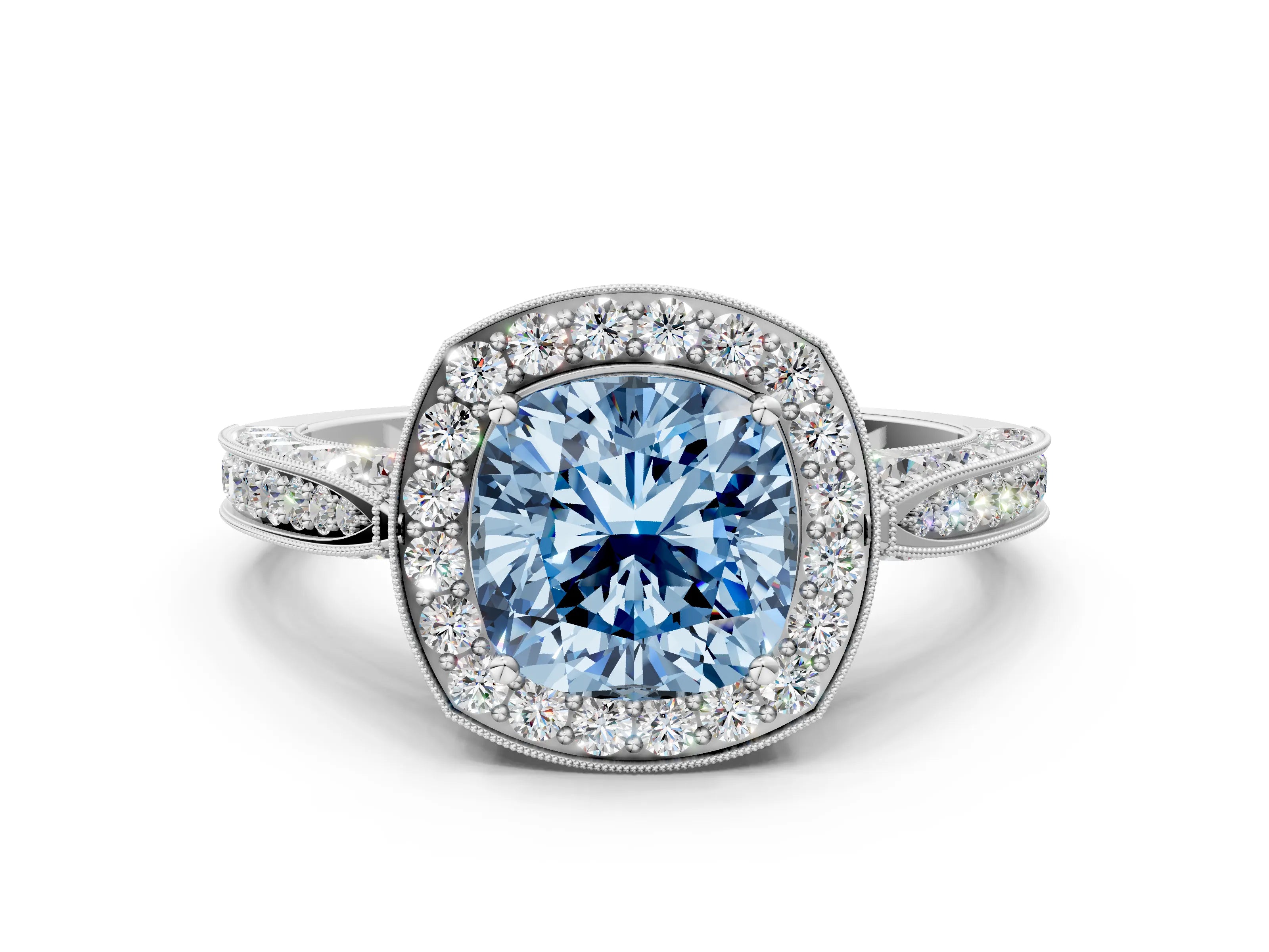 White gold Fancy Blue Cushion Cut Halo Diamond Engagement Ring with Split Shank Band and Four-Prong Setting_12