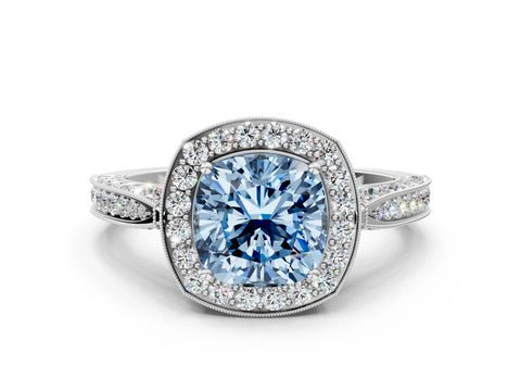 White gold Fancy Blue Cushion Cut Halo Diamond Engagement Ring with Split Shank Band and Four-Prong Setting_12