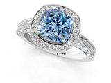 White gold Fancy Blue Cushion Cut Halo Diamond Engagement Ring with Split Shank Band and Four-Prong Setting_13