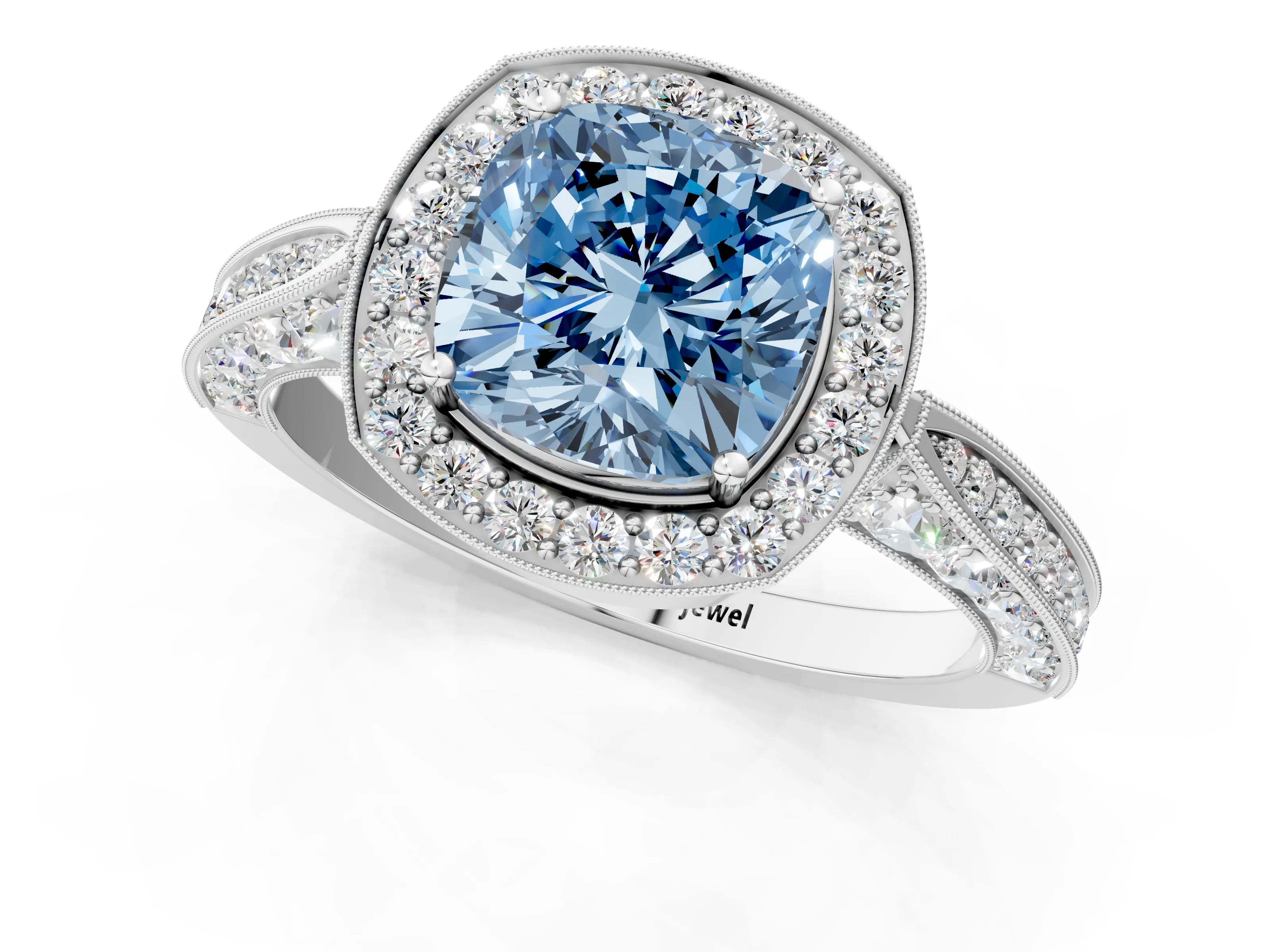 White gold Fancy Blue Cushion Cut Halo Diamond Engagement Ring with Split Shank Band and Four-Prong Setting_13