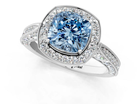 White gold Fancy Blue Cushion Cut Halo Diamond Engagement Ring with Split Shank Band and Four-Prong Setting_13