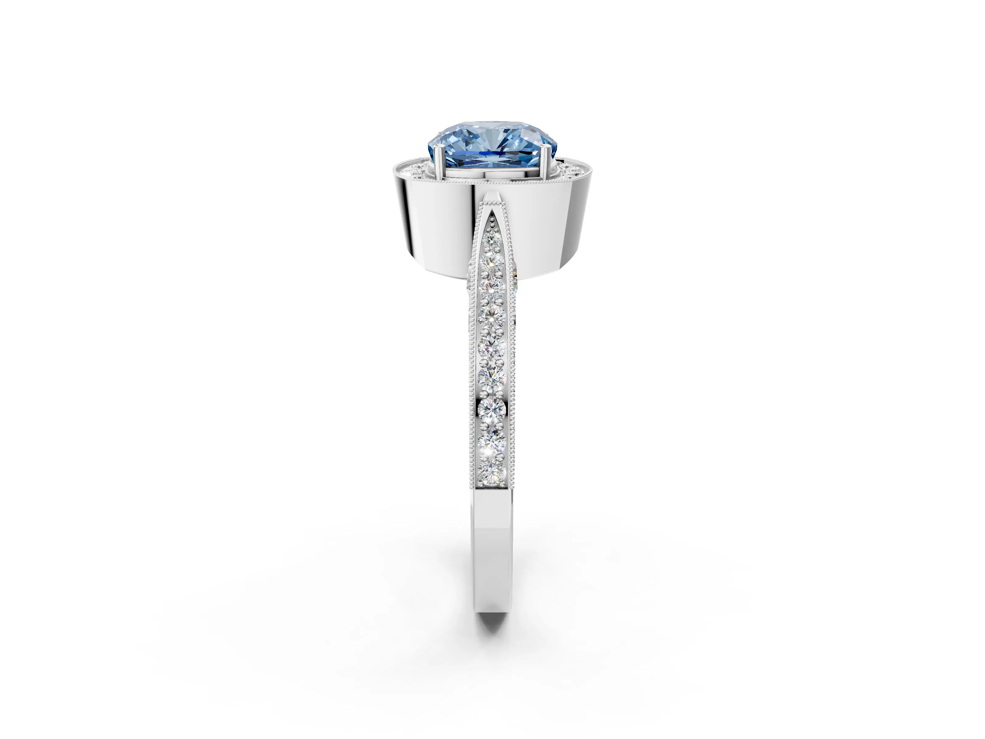 White gold Fancy Blue Cushion Cut Halo Diamond Engagement Ring with Split Shank Band and Four-Prong Setting_14