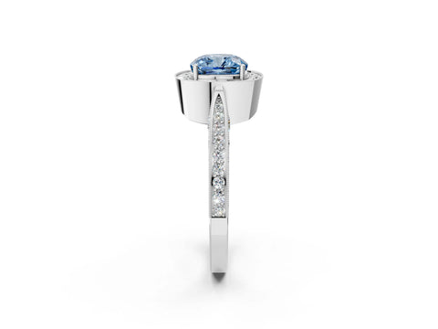 White gold Fancy Blue Cushion Cut Halo Diamond Engagement Ring with Split Shank Band and Four-Prong Setting_14