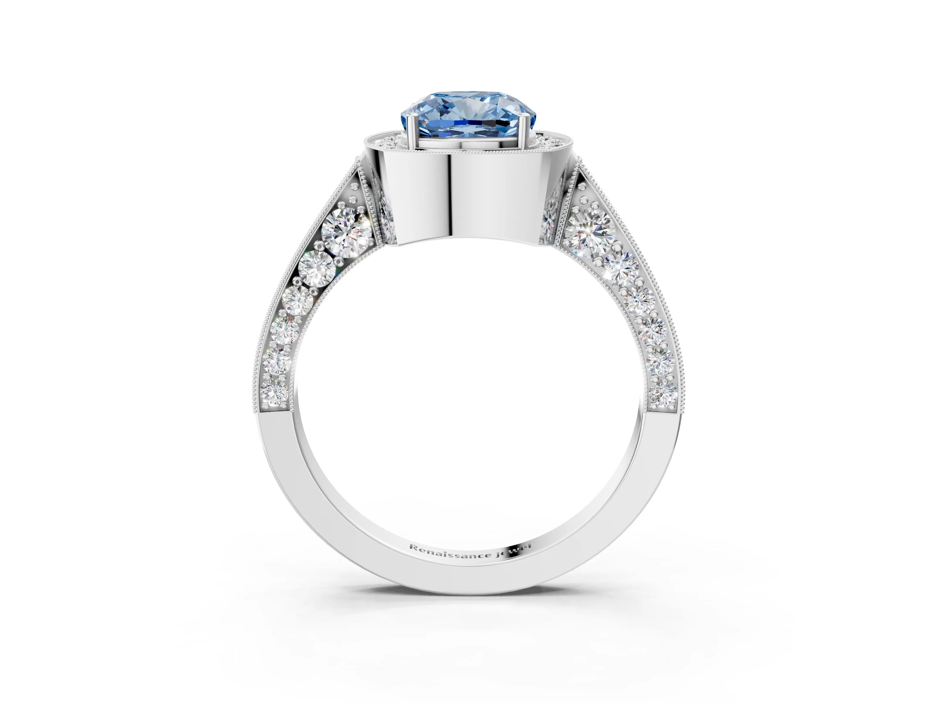 White gold Fancy Blue Cushion Cut Halo Diamond Engagement Ring with Split Shank Band and Four-Prong Setting_15